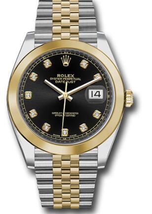Replica Rolex Steel and Yellow Gold Rolesor Datejust 41 Watch 126303 Smooth Bezel Black Diamond Dial Jubilee Bracelet